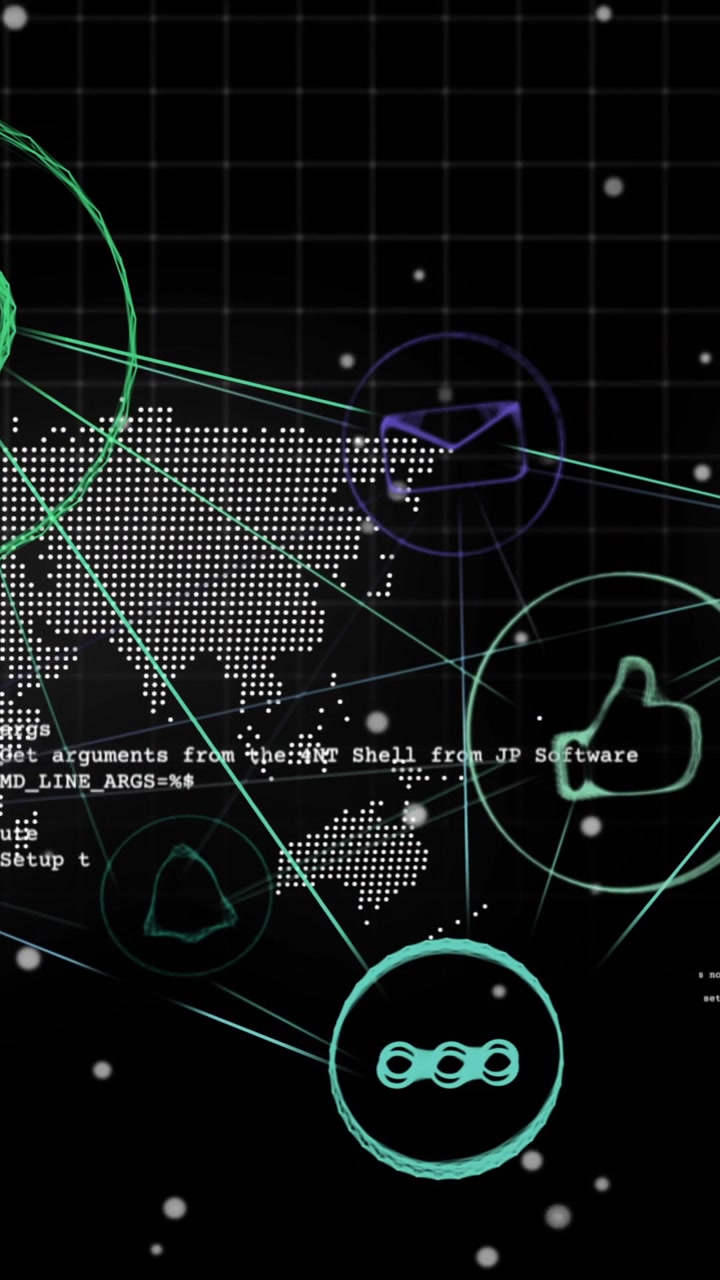 Animation of social media icons and data processing over globe and world map on dark background