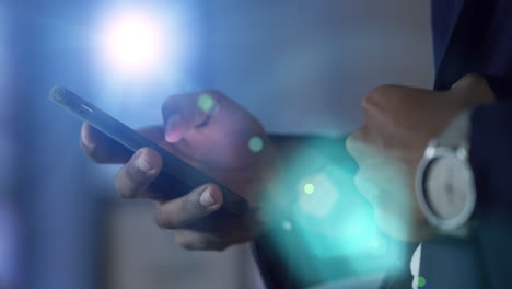 Lens-flare,-phone-and-closeup-of-hands-in-office