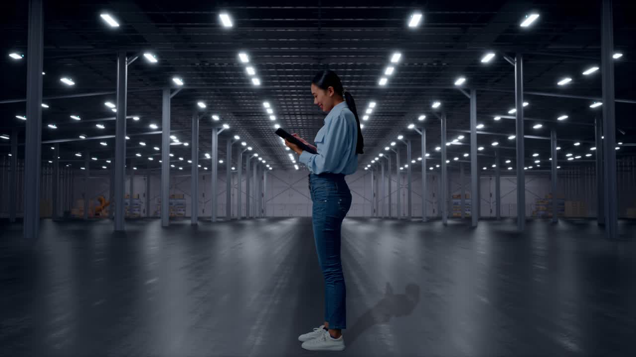 Full Body Side View Of Asian Female With Her Tablet in Empty Modern Warehouse, Working Continuously With Her Tablet