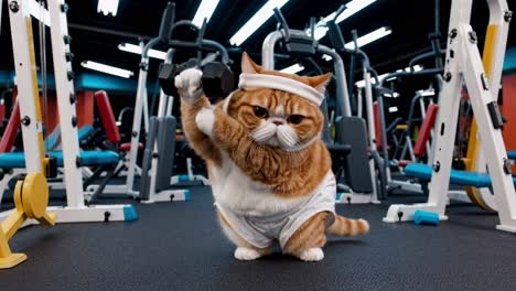strong ginger cat dressed in sportswear and a headband, lifting a dumbbell in a gym, embodying the spirit of pet fitness and promoting a healthy lifestyle with determination