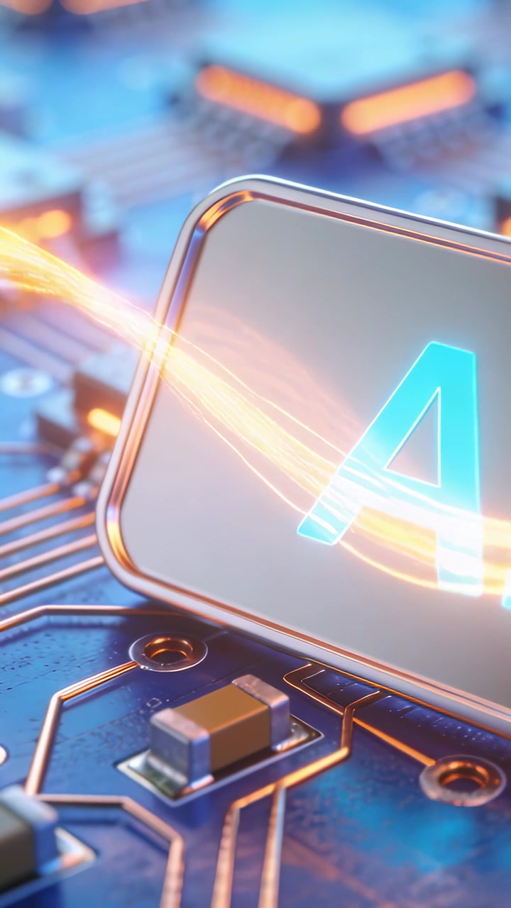 Video verticale: Scia di energia arancione che illumina un badge metallico su un PCB blu, rivelando l'IA.