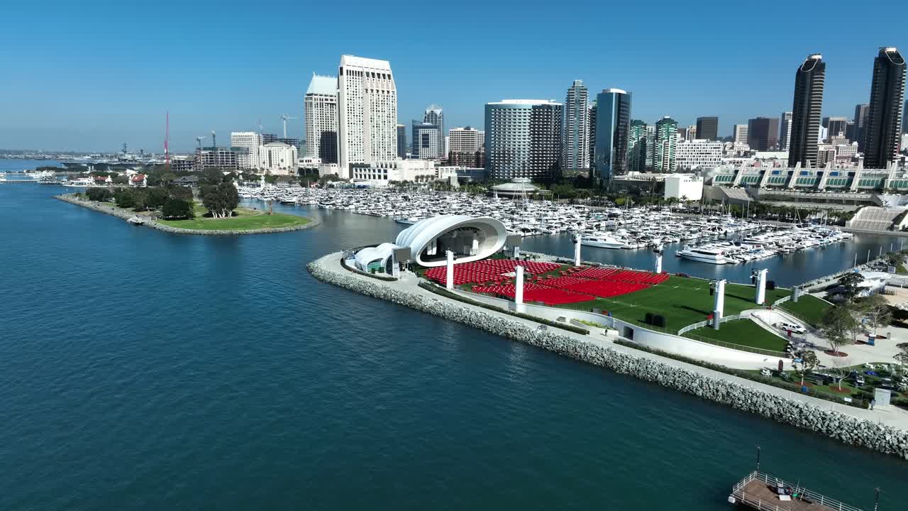 Rising Crane Shot Of Rady Shell Open-Air Music Venue And Luxury Boat Marina In San Diego, California