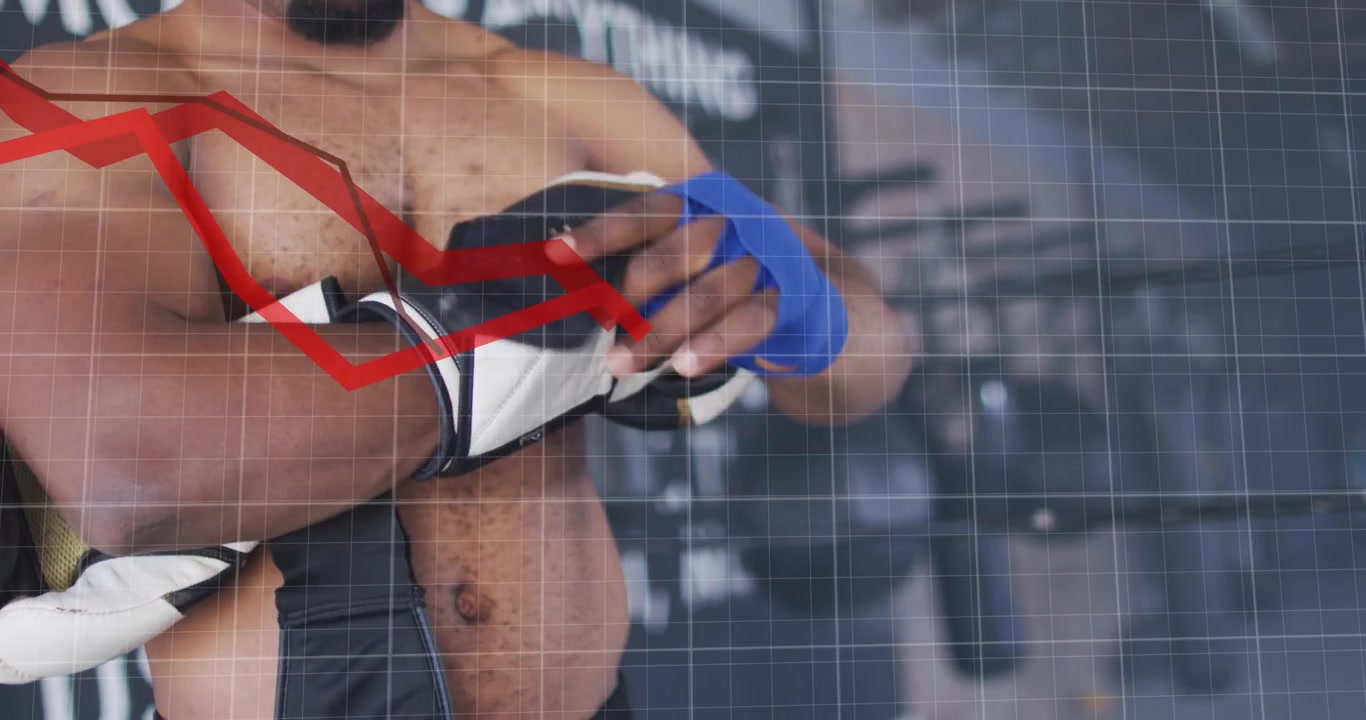 Pugile che si prepara per l'allenamento, stringe le bende blu, indossa guanti bianchi e neri e mostra un grafico rosso