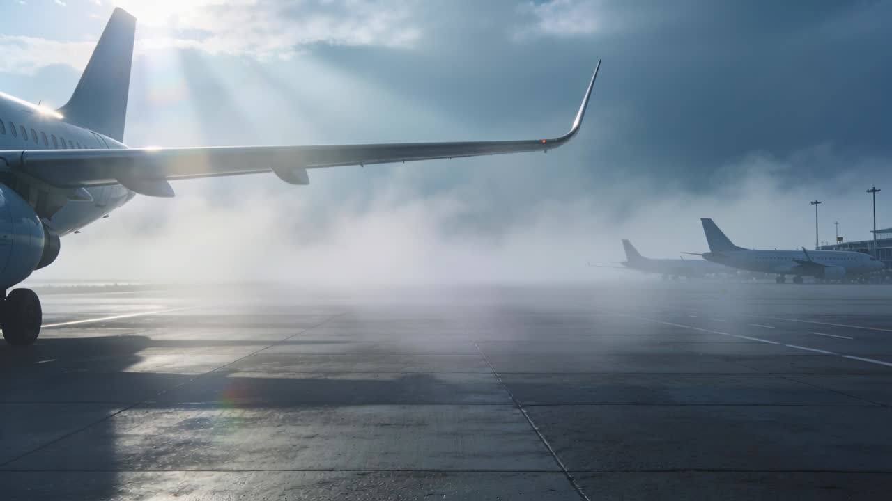 Solstråler bryder skyerne og afslører et venstre smalstrålefly, der spejler sig på våd flyopmarchplads, tåge driver
