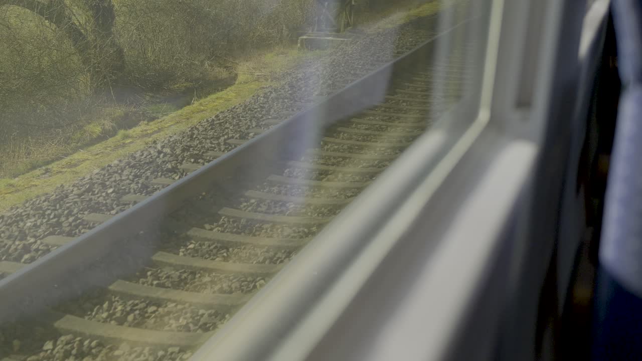 Inside a moving German ICE train, looking out at train tracks and passing scenery
