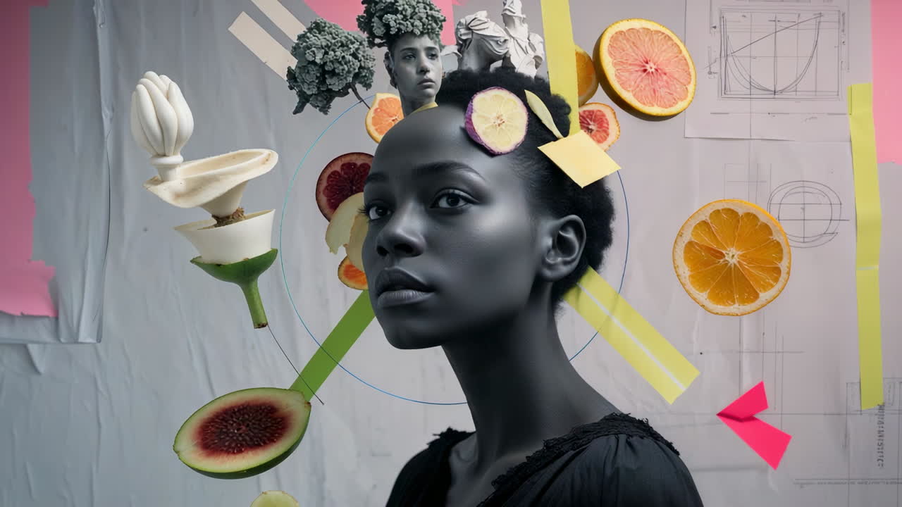 Ritratto surreale con elementi astratti e frutta
