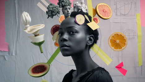 surreal portrait with abstract elements and fruit