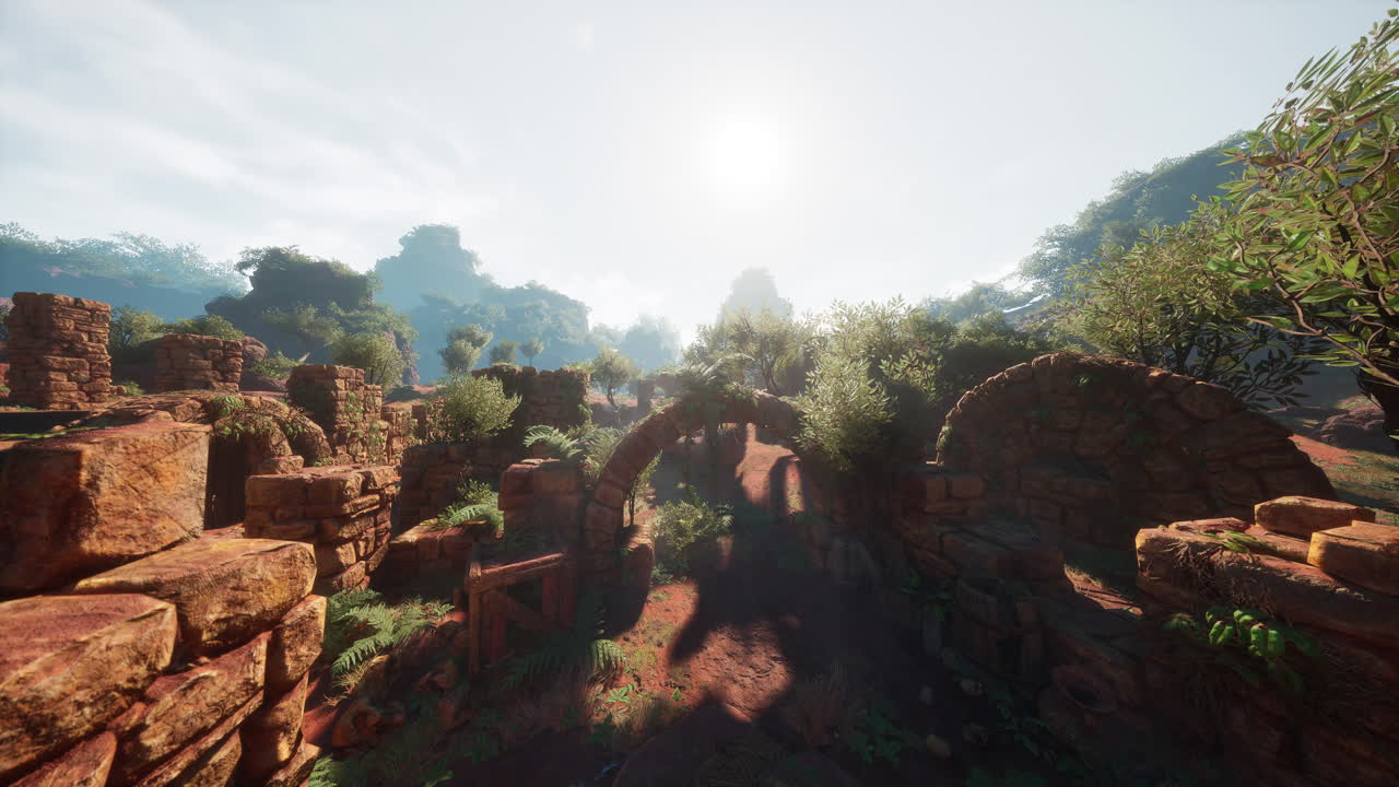 Ancient stone ruins surrounded by lush vegetation in a sunlit landscape