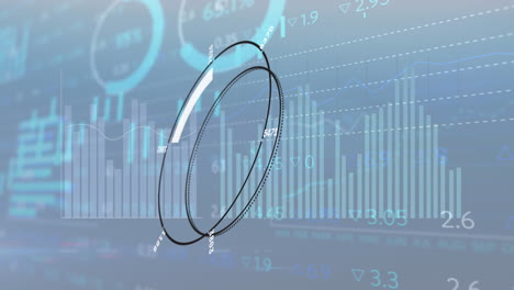 animation of round scanner over statistical and stock market data processing against blue background