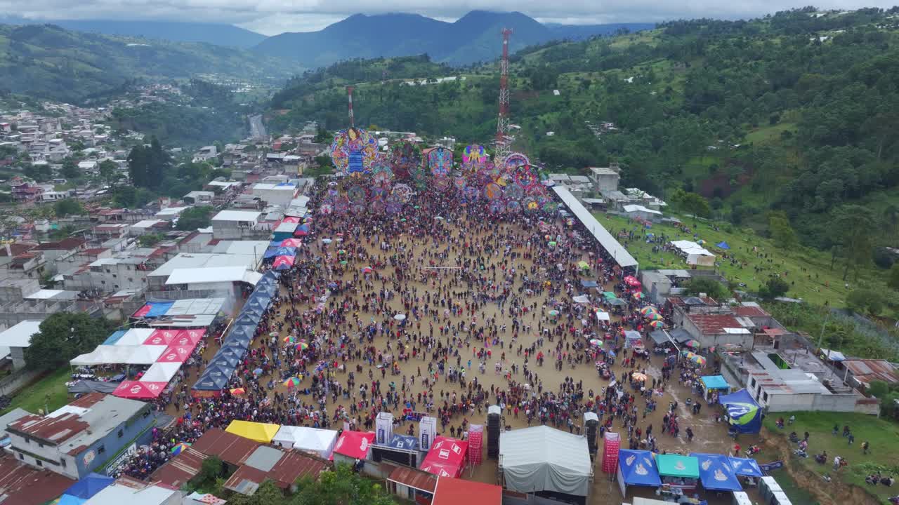 Panoramic view of field full of local people during All Saint's Day In Sumpango, aerial