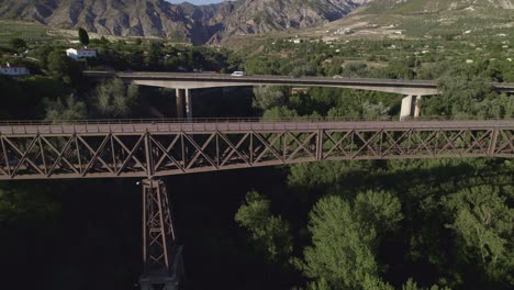 steel bridge and concrete bridge. aerial view. comparative aerial view of civil structures. engineering. construction. durcal. spain