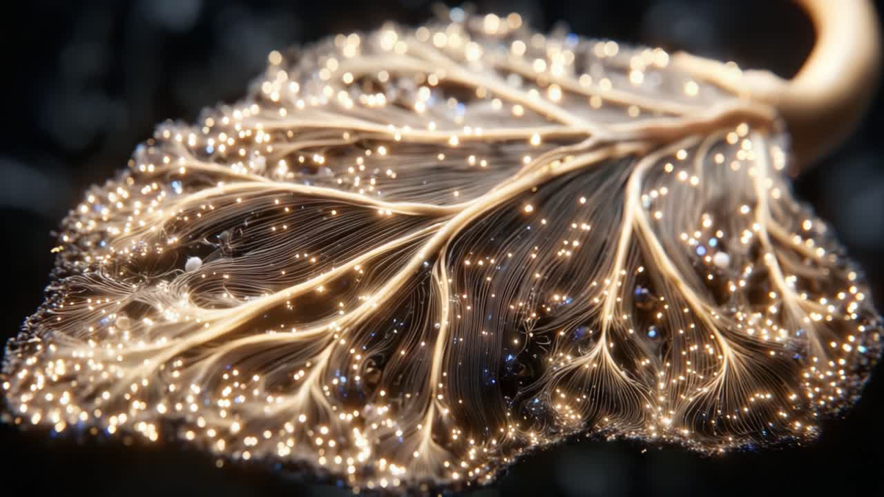 Un primo piano ipnotizzante di una foglia luminescente, che mostra venature intricate illuminate da innumerevoli piccole luci, crea un'atmosfera magica ed eterea nel design della natura.