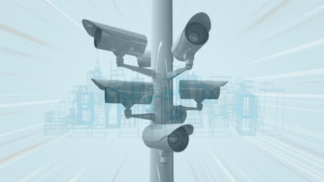 animation of cctv cameras and data processing over city