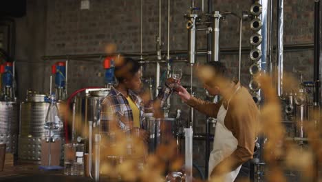 Diverse-male-and-female-colleague-at-gin-distillery-inspecting-product-and-discussing