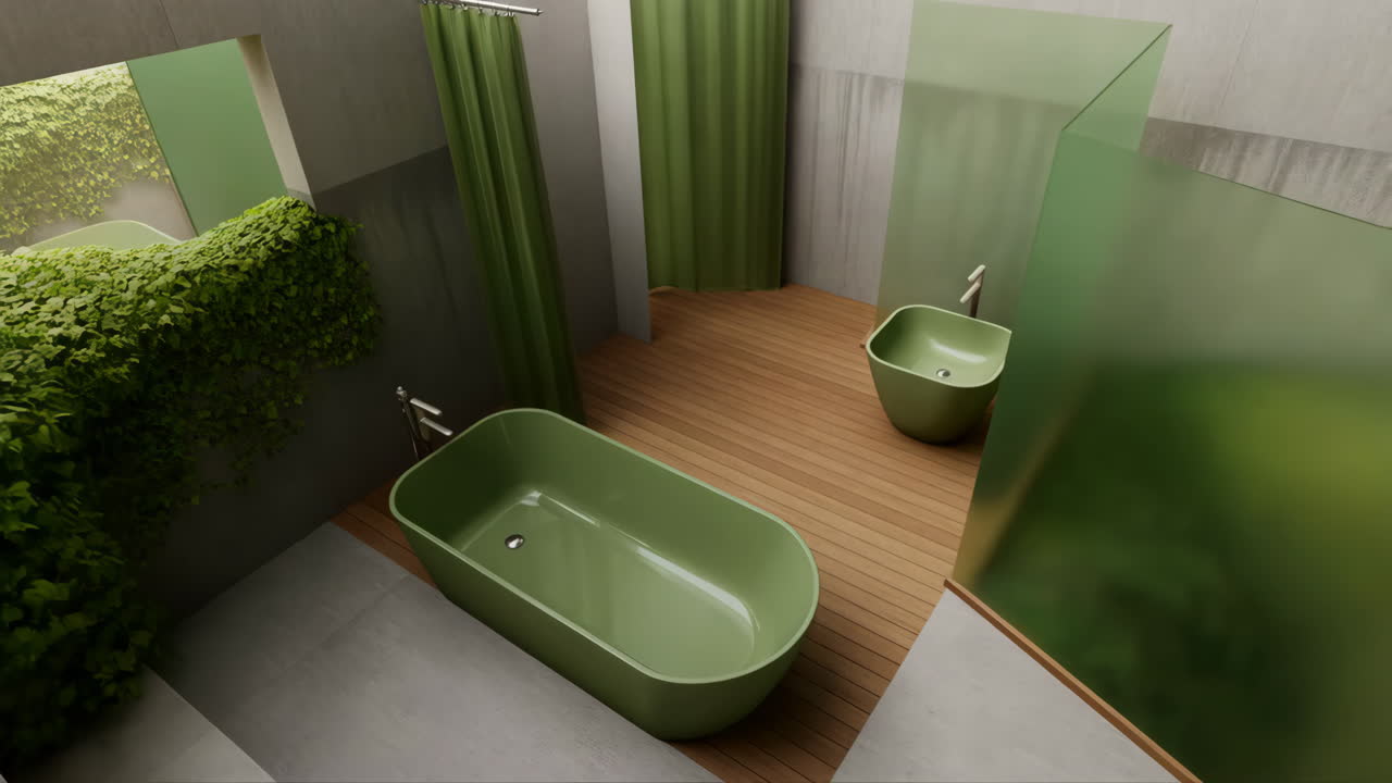 Modern Green Bathroom with Bathtub and Ivy