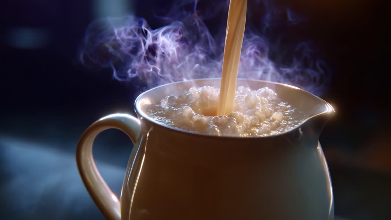 A close-up view of steaming liquid being poured into a vessel, showcasing bubbles and vapor rising, illustrating the beauty of hot beverages in a cozy setting