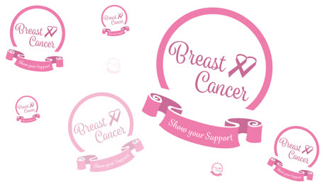 animation of multiple pink ribbon logo and breast cancer text appearing on white background