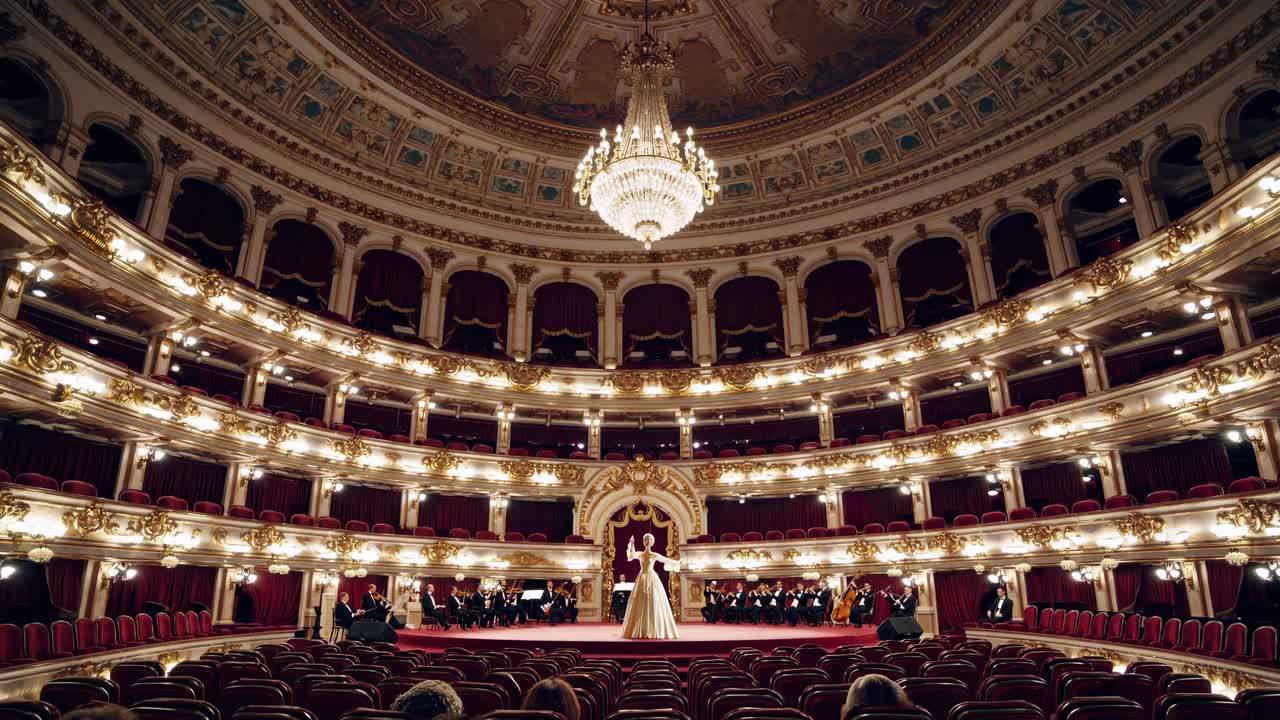 Opera singer captivating an audience in a luxurious theater, performing on stage with an orchestra under the glow of a majestic chandelier amidst ornate decor