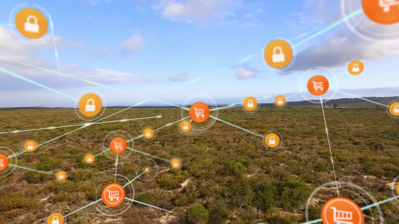 animación de la red de conexiones con iconos sobre el paisaje