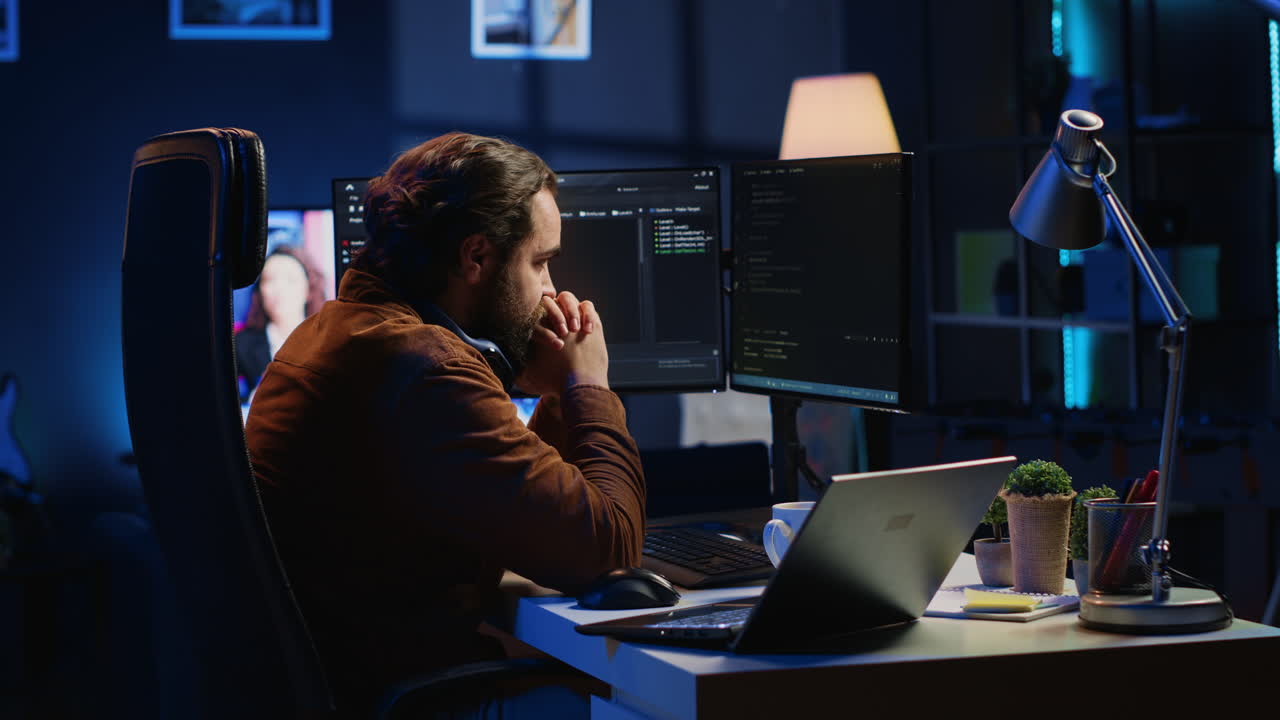 Programmer removing headphones to better concentrate on difficult IT task