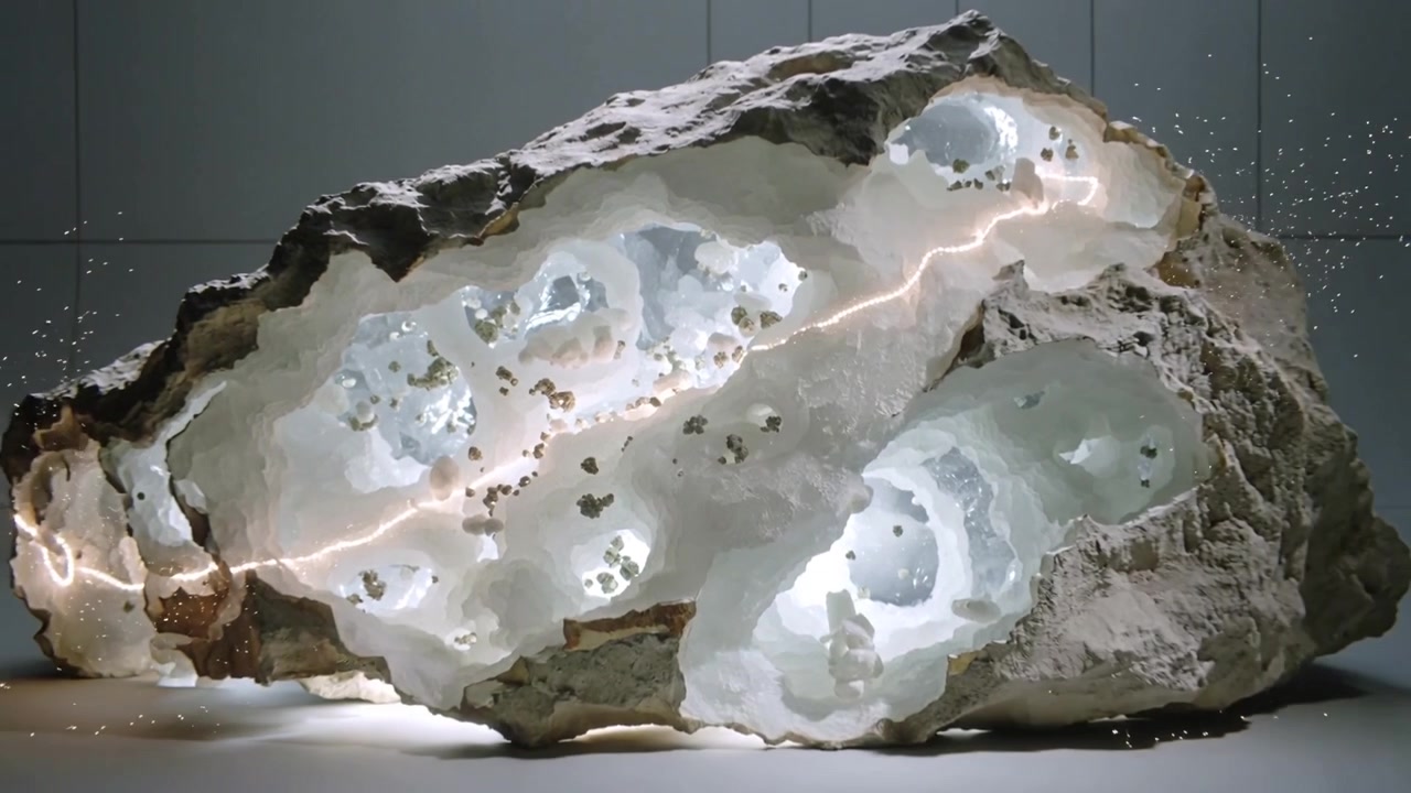 La telecamera si allontana rivelando una grande geode divisa in una mostra in galleria, che mostra una vena luminosa e pirite