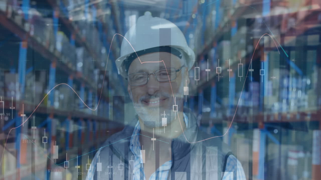 창고에 있는 백인 남자에 대한 금융 데이터 처리 애니메이션