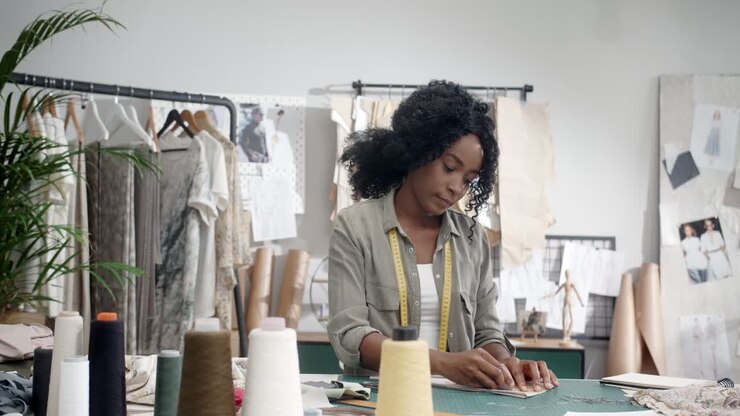 Young Woman Clothing Designer Sitting In Her Studio At The Table And Doing Some Measurements On The Cloth