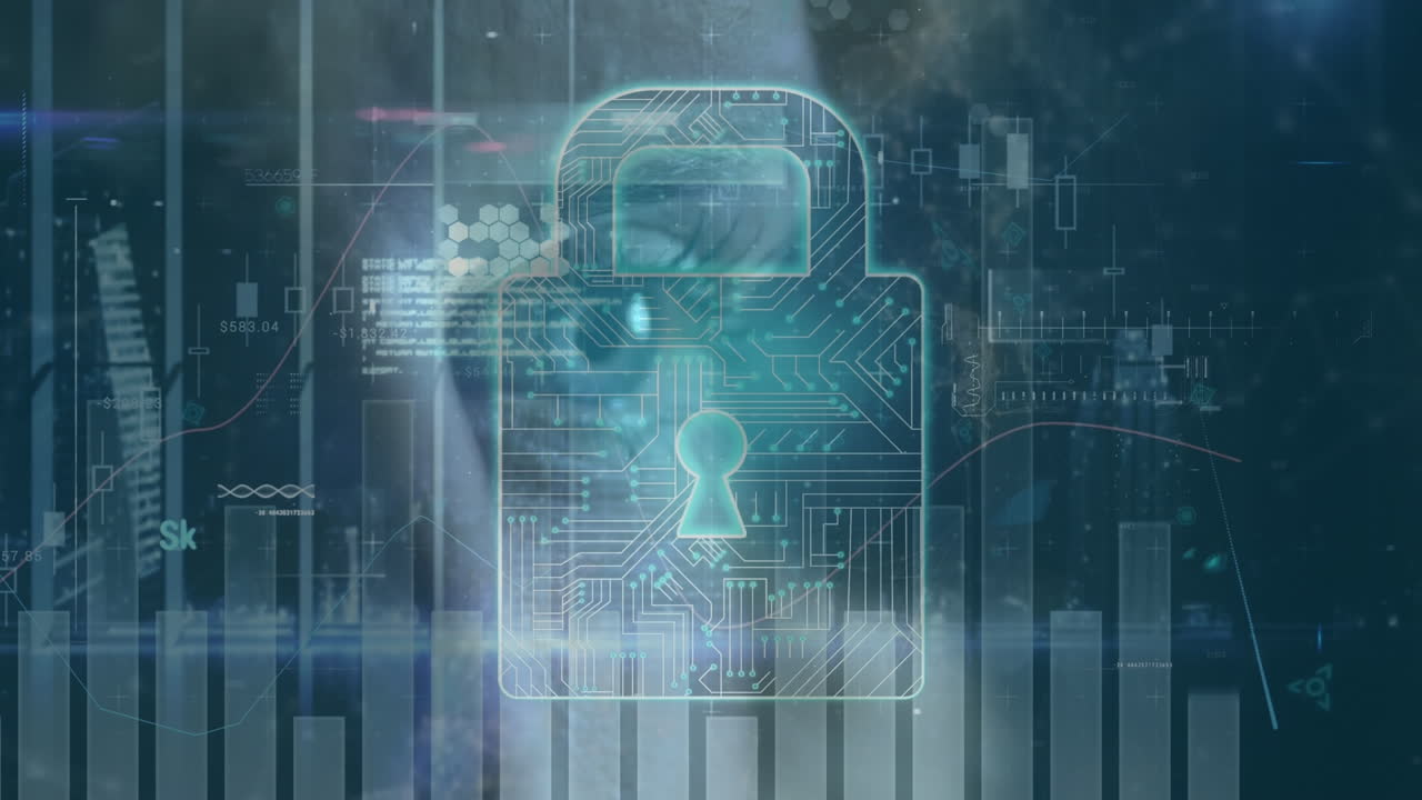 Animation of scanning, virus alert, padlock and data over molecules and eye of caucasian woman
