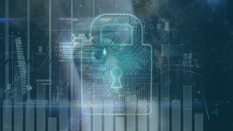 animación de escaneo, alerta de virus, candado y datos sobre moléculas y ojo de mujer caucásica