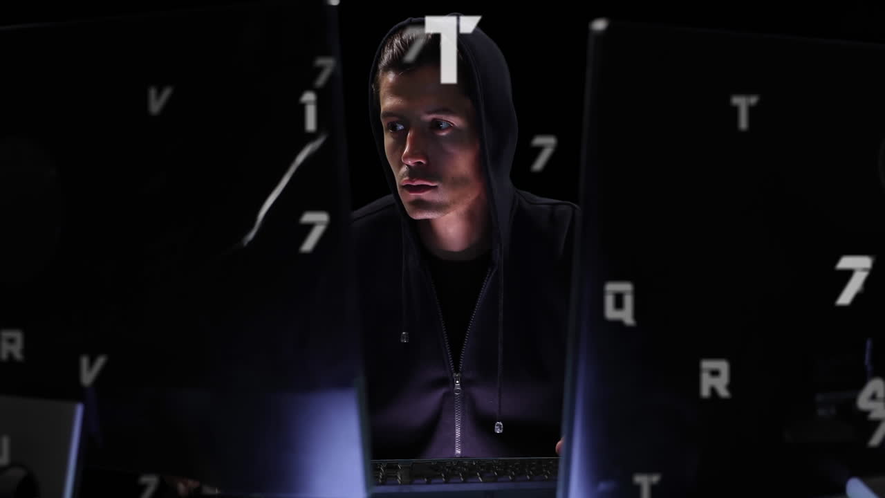 animación de iconos sobre un hacker caucásico usando una computadora