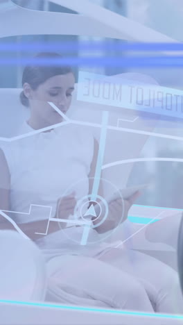 animación de huellas dactilares biométricas y procesamiento de datos sobre una mujer en un coche autónomo