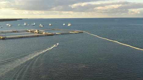 tracking a small powerboat as it heads out to open waters along punta cana, aerial track