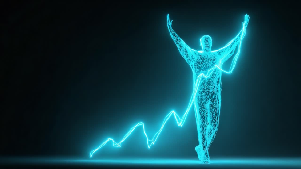 A Stylized Digital Entity in a Dynamic Pose: Highlighting Ascendant Motion with Light Trails Representing Growth and Progress in an Artistic Composition of Neon Elements