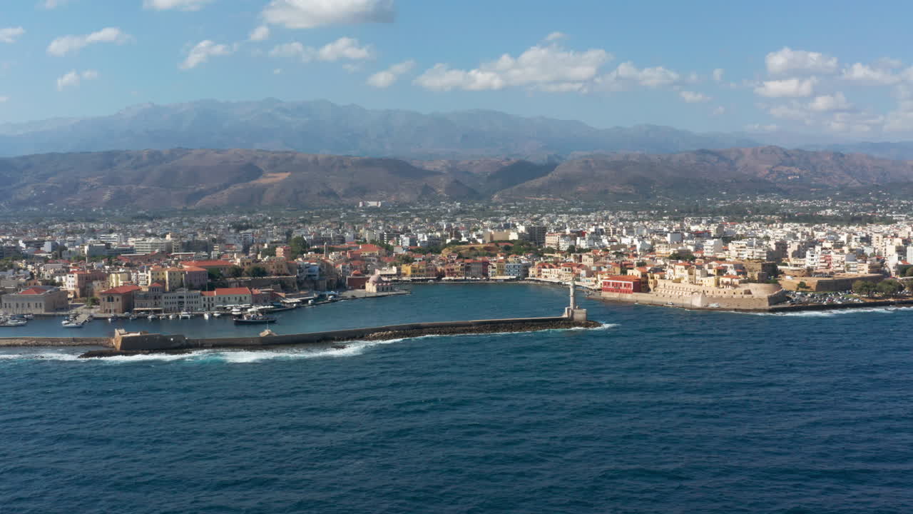 Panoramic View Of Lighthouse And Old Venetian Port Of Chania In The Crete Island In Greece