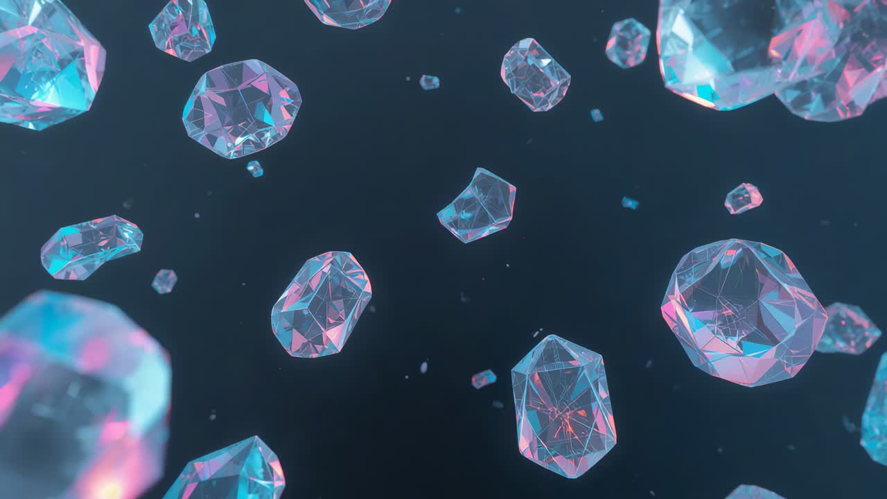 Starting sequence, gem cluster rotating and drifting over navy field, cyan-pink rim glow and dust
