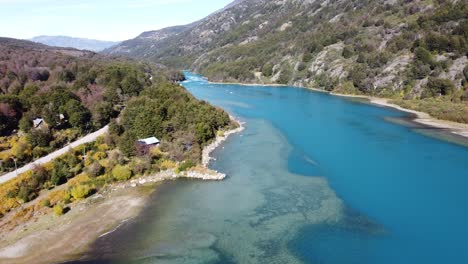 top aerial drone view of the impressive baker river and carretera austral road