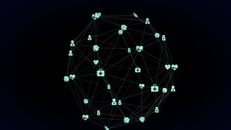 Animation-Eines-Verbindungsglobus-Mit-Symbolen-Auf-Schwarzem-Hintergrund