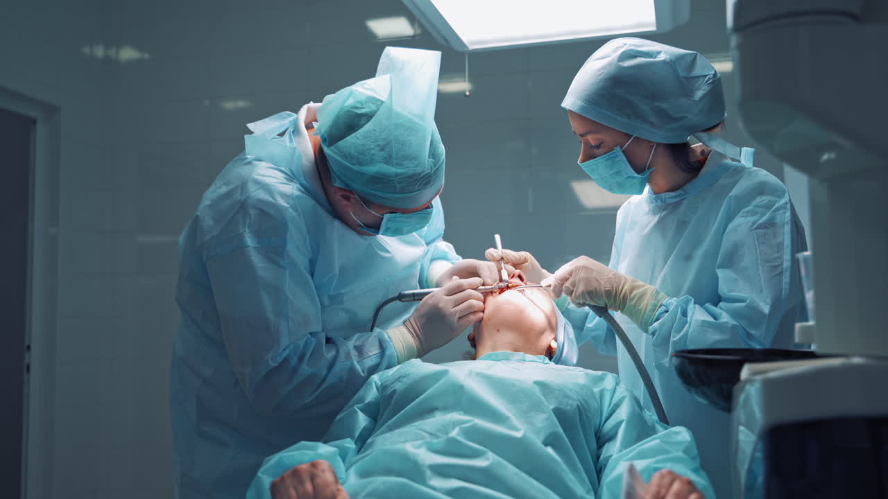 Il paziente è sdraiato sulla poltrona del dentista con la bocca aperta e gli specialisti curano i suoi denti. Un ortodontista lavora con una giovane assistente in una clinica dentale