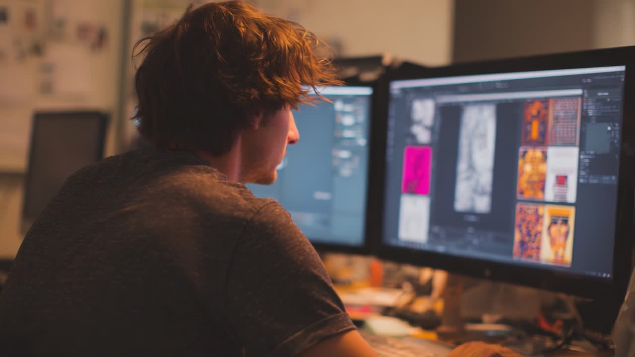 An Intense Focus on Digital Design: A Young Person Analyzes Creative Artwork on Dual Monitors in a Modern Workspace Setting