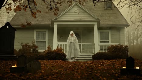 a ghostly figure stands in front of a house in a graveyard.