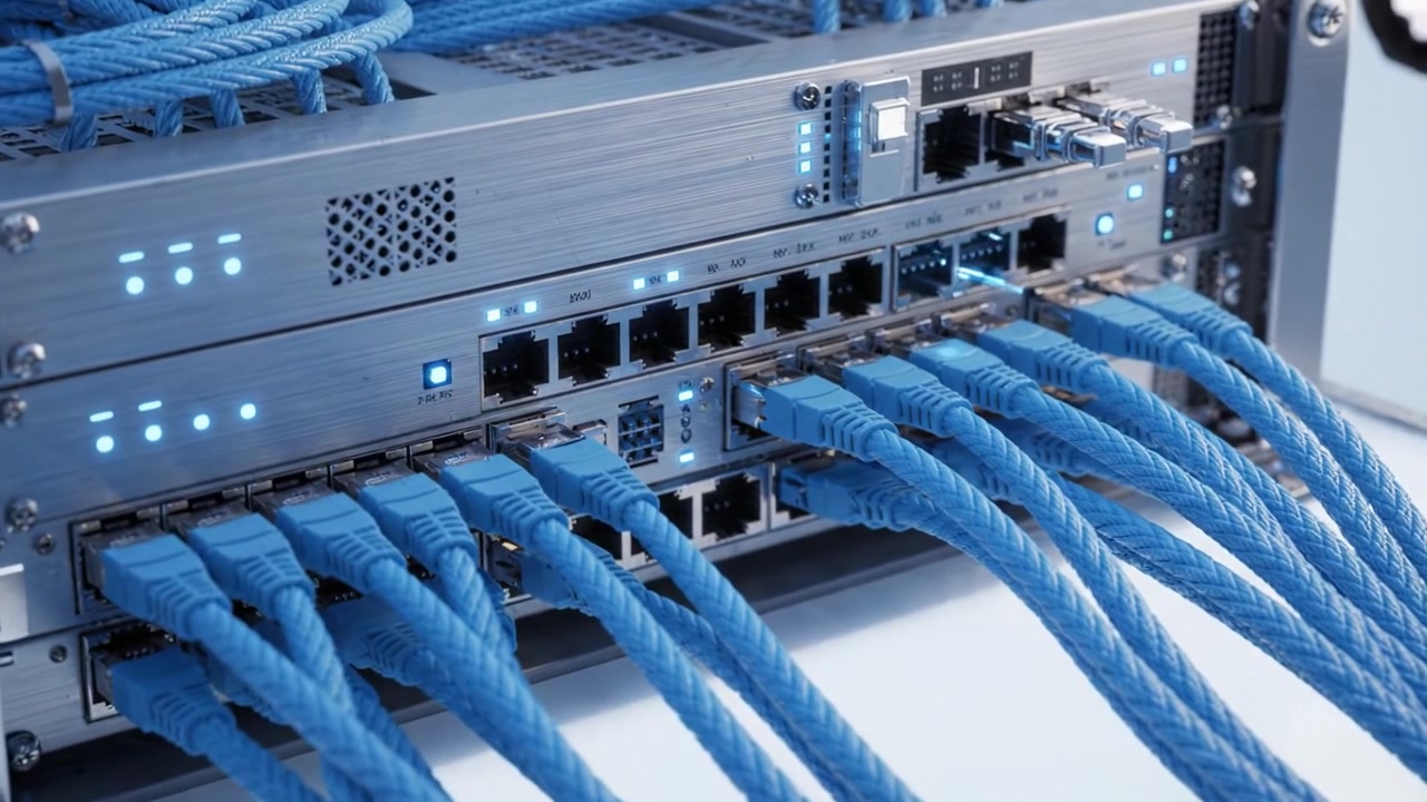 A High-Tech Data Center Setup Showcasing a Network Switch with Blue Cables Connected, Emphasizing Connectivity and Advanced Technology for Data Management