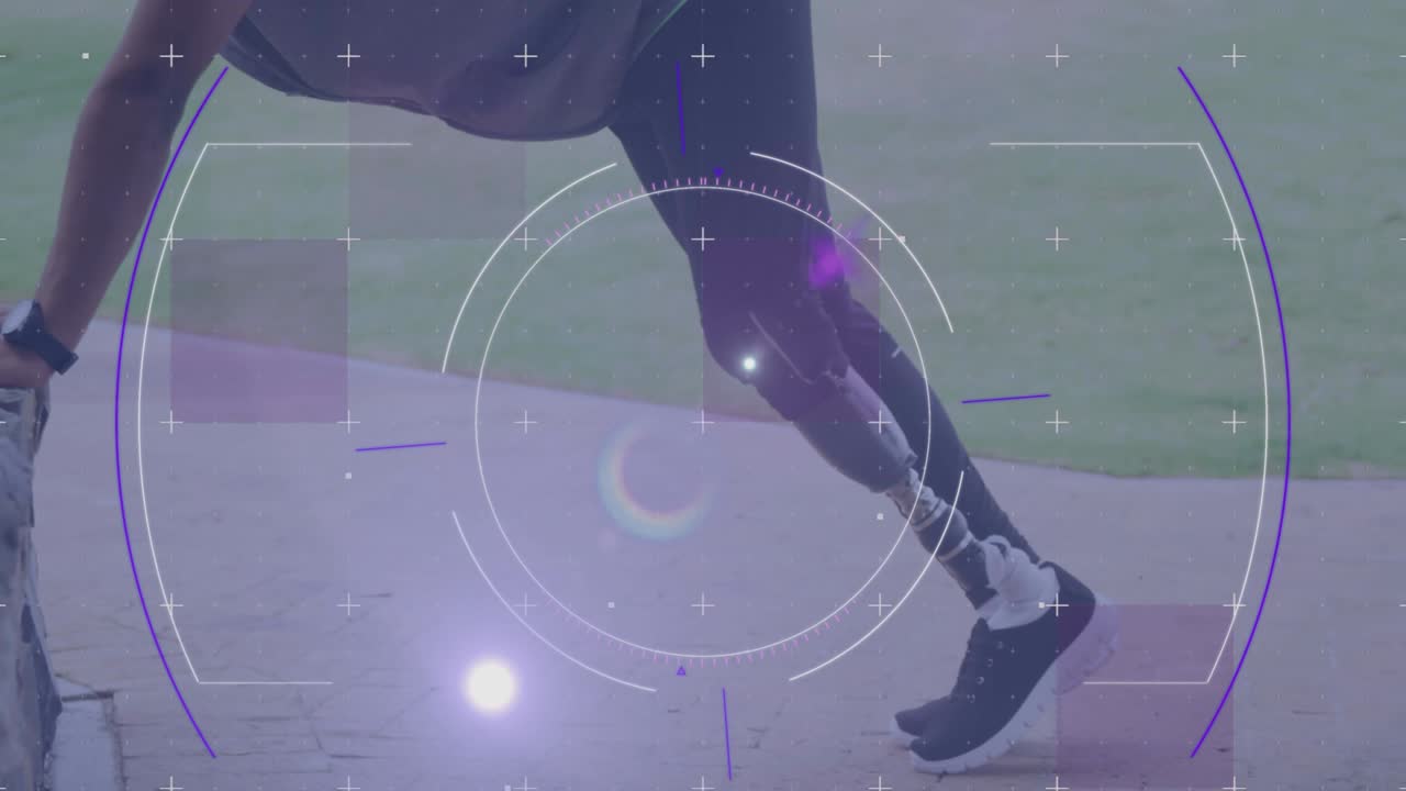 animación del procesamiento de datos de alcance sobre un atleta masculino con prótesis de pierna haciendo ejercicio al aire libre