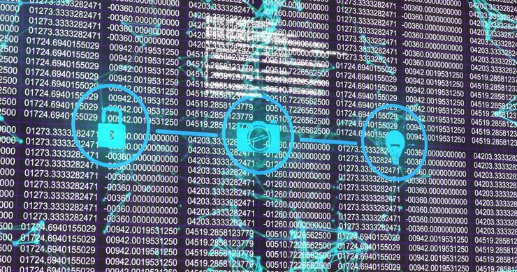 After one second three cyan padlock hexagon camera and pin sliding along cyan line visualizing data