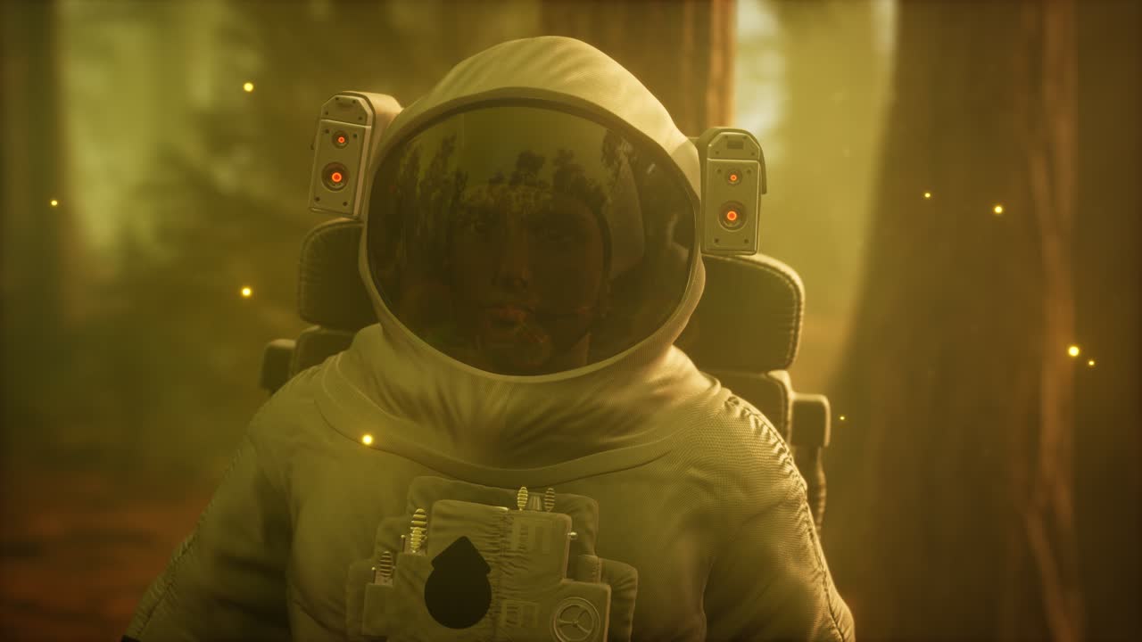Ensom astronaut i mørk skov