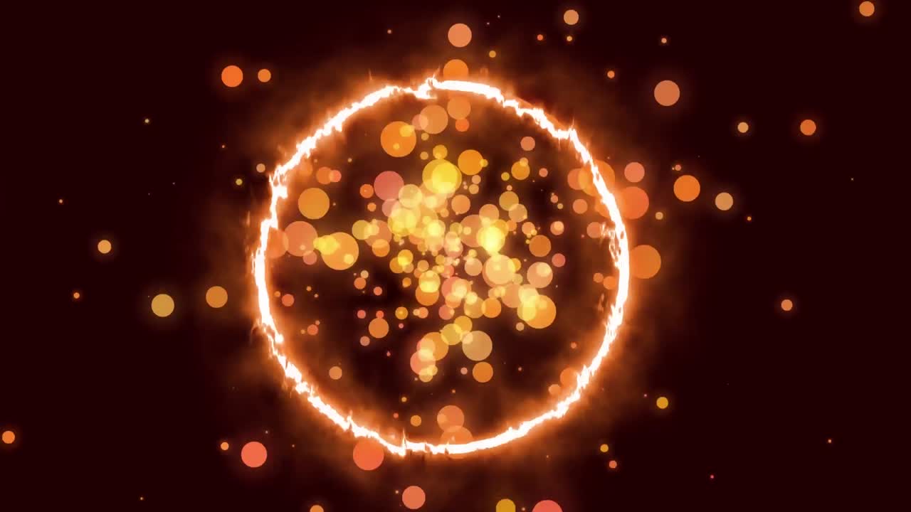 Animation of circle on fire with orange spots of light in background
