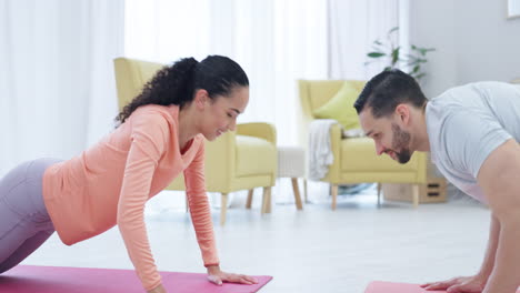 fitness, push up and couple high five in home