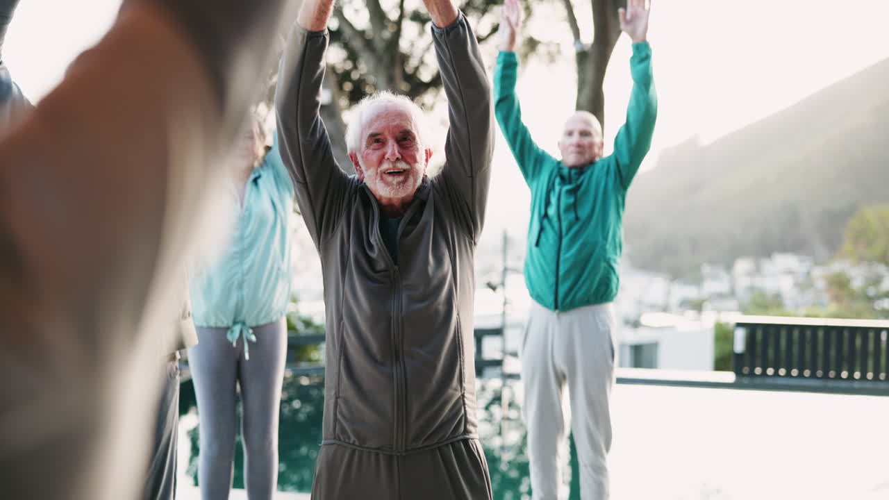 Seniors enjoying group exercise outdoors