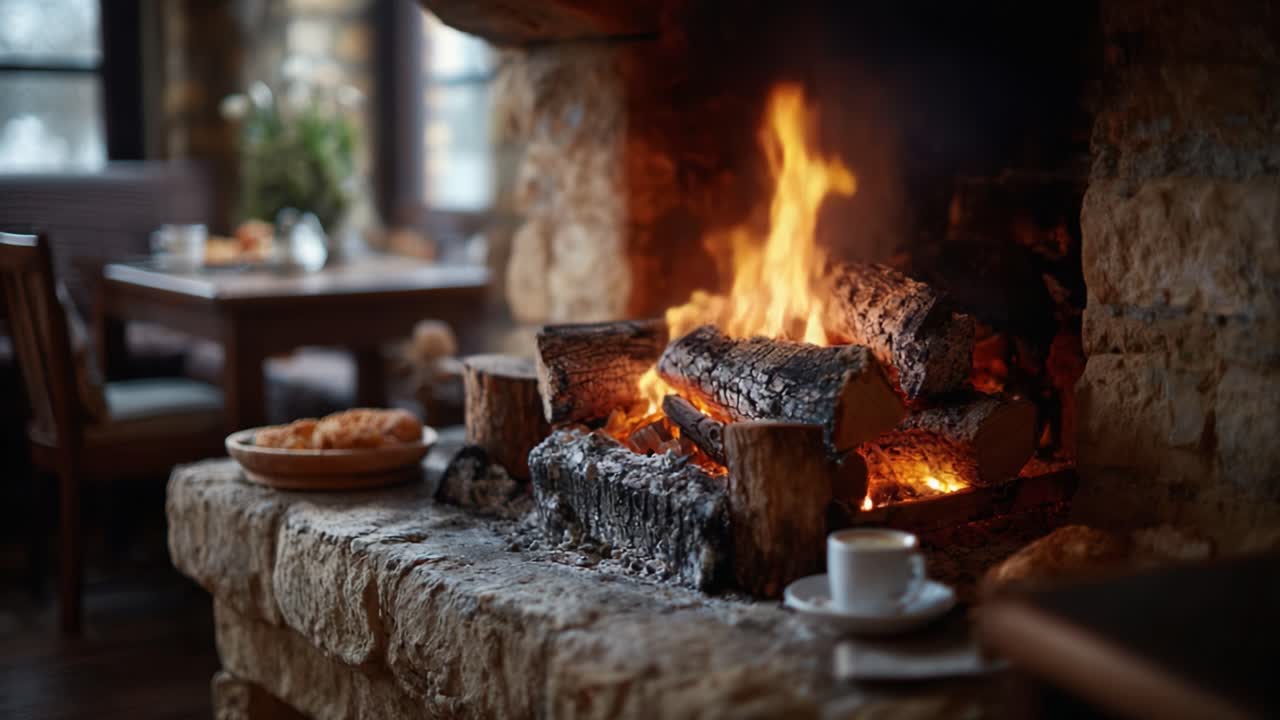A Cozy Fireplace Scene with Crackling Firewood and Soft Ambience, Perfect for Relaxation and Enjoying a Warm Drink in a Rustic Setting