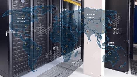 Animation-Der-Weltkarte-Und-Datenverarbeitung-über-Computerserver