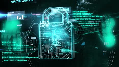 security padlock icon and data processing against black background